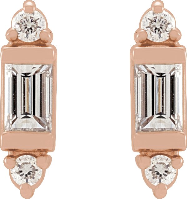 14K Gold Straight Baguette Natural Diamond Accented Earrings - Rose Gold - view 2