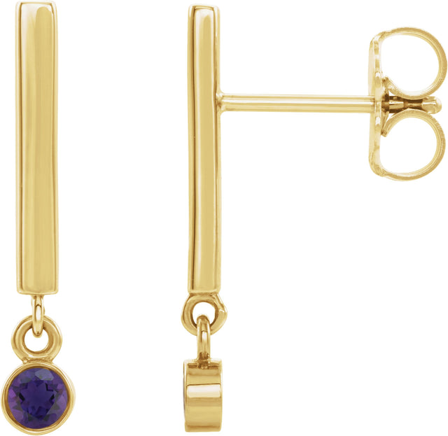 14K Gold Round Natural Amethyst Bezel-Set Bar Earrings - Yellow Gold