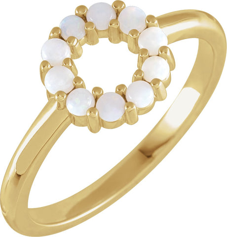 14K Gold Round Natural White Opal Cabochon Halo-Style Ring - Yellow Gold