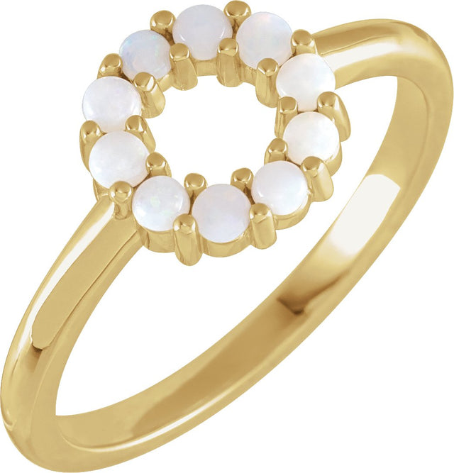 14K Gold Round Natural White Opal Cabochon Halo-Style Ring - Yellow Gold