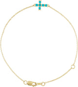 14K Gold Round Natural Turquoise Sideways Cross Bracelet - Yellow Gold