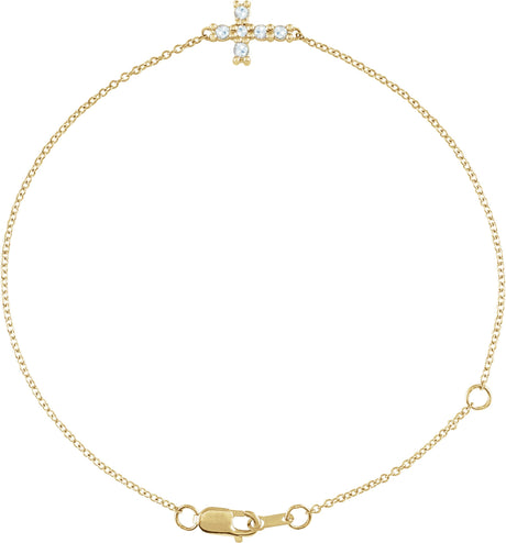 14K Gold Round Natural Diamond Sideways Cross Bracelet – 2mm Stones - Yellow Gold