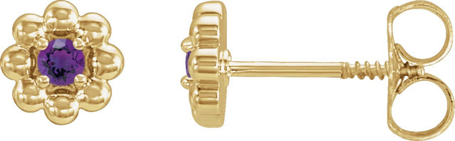 14K Gold Round Natural Amethyst Petite Flower Earrings - Yellow Gold