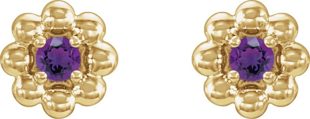 14K Gold Round Natural Amethyst Petite Flower Earrings - Yellow Gold - view 2