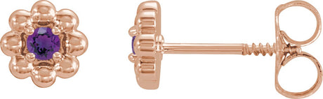 14K Gold Round Natural Amethyst Petite Flower Earrings - Rose Gold