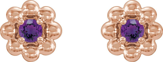 14K Gold Round Natural Amethyst Petite Flower Earrings - Rose Gold - view 2