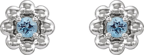 Platinum Round Natural Aquamarine Petite Flower Earrings - view 2
