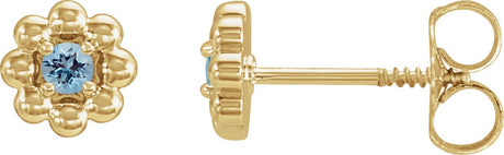 14K Gold Round Natural Aquamarine Petite Flower Earrings - Yellow Gold