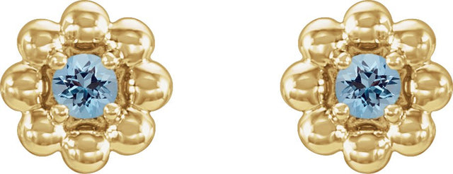 14K Gold Round Natural Aquamarine Petite Flower Earrings - Yellow Gold - view 2