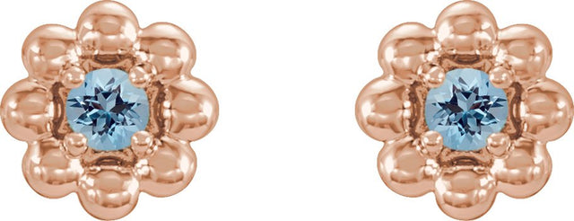 14K Gold Round Natural Aquamarine Petite Flower Earrings - Rose Gold - view 2