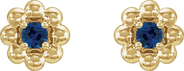 14K Gold Round Natural Blue Sapphire Petite Flower Earrings - Yellow Gold - view 2