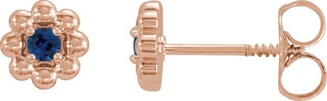 14K Gold Round Natural Blue Sapphire Petite Flower Earrings - Rose Gold