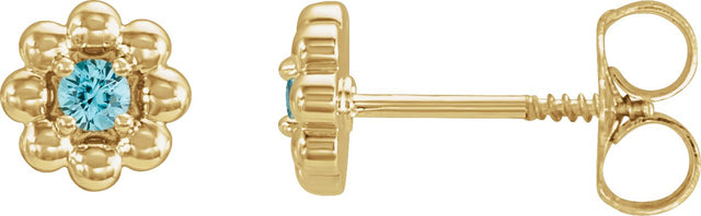 14K Gold Round Natural Blue Zircon Petite Flower Earrings - Yellow Gold