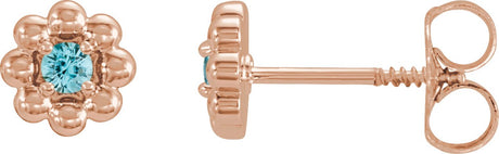 14K Gold Round Natural Blue Zircon Petite Flower Earrings - Rose Gold