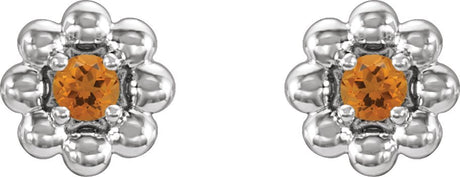 Platinum Round Natural Citrine Petite Flower Earrings - view 2