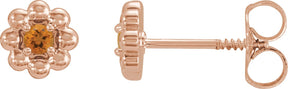 14K Gold Round Natural Citrine Petite Flower Earrings - Rose Gold