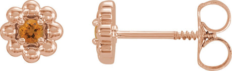 14K Gold Round Natural Citrine Petite Flower Earrings - Rose Gold