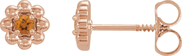 14K Gold Round Natural Citrine Petite Flower Earrings - Rose Gold