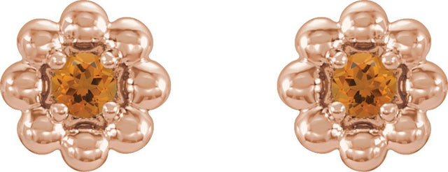 14K Gold Round Natural Citrine Petite Flower Earrings - Rose Gold - view 2