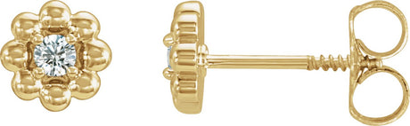14K Gold Round Natural Diamond Petite Flower Earrings - Yellow Gold