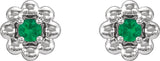 Platinum Round Natural Emerald Petite Flower Earrings - view 2