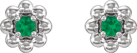 Platinum Round Natural Emerald Petite Flower Earrings - view 2