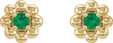 14K Gold Round Natural Emerald Petite Flower Earrings - Yellow Gold - view 2
