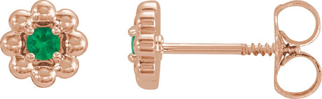 14K Gold Round Natural Emerald Petite Flower Earrings - Rose Gold