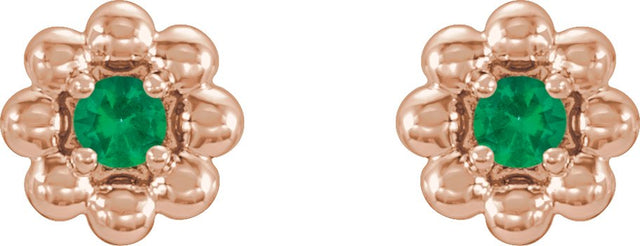 14K Gold Round Lab-Grown Emerald Petite Flower Earrings - Rose Gold - view 2