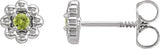 14K Gold Round Natural Peridot Petite Flower Earrings - White Gold