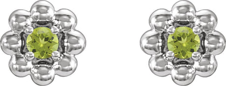 Platinum Round Natural Peridot Petite Flower Earrings - view 2