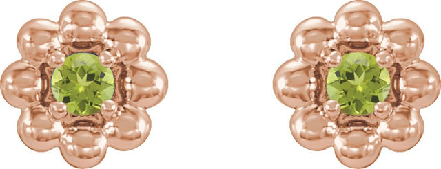 14K Gold Round Natural Peridot Petite Flower Earrings - Rose Gold - view 2