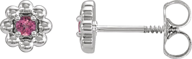 14K Gold Round Natural Pink Tourmaline Petite Flower Earrings - White Gold