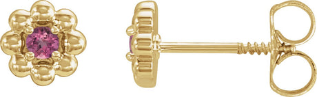 14K Gold Round Natural Pink Tourmaline Petite Flower Earrings - Yellow Gold