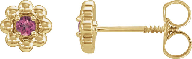 14K Gold Round Natural Pink Tourmaline Petite Flower Earrings - Yellow Gold