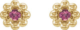 14K Gold Round Natural Pink Tourmaline Petite Flower Earrings - Yellow Gold - view 2
