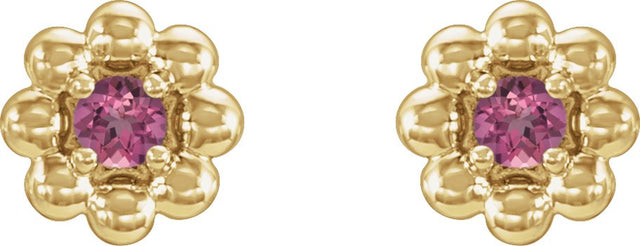 14K Gold Round Natural Pink Tourmaline Petite Flower Earrings - Yellow Gold - view 2