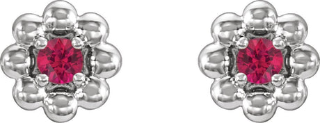 Platinum Round Lab-Grown Ruby Petite Flower Earrings - view 2