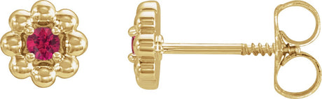 14K Gold Round Natural Ruby Petite Flower Earrings - Yellow Gold