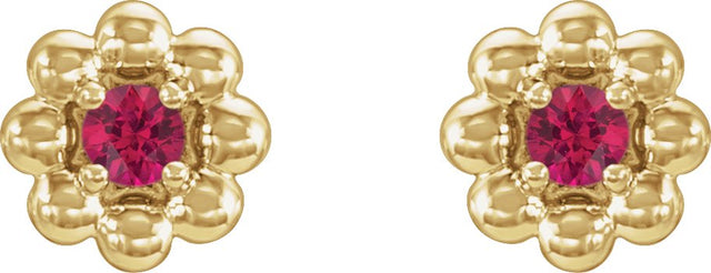 14K Gold Round Natural Ruby Petite Flower Earrings - Yellow Gold - view 2