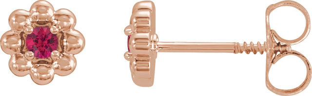 14K Gold Round Natural Ruby Petite Flower Earrings - Rose Gold