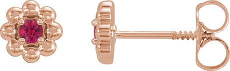 14K Gold Round Lab-Grown Ruby Petite Flower Earrings - Rose Gold