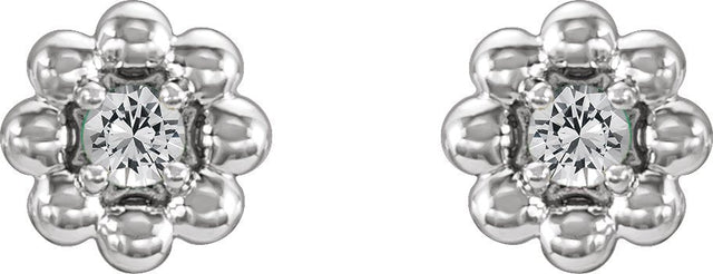 14K Gold Round Natural White Sapphire Petite Flower Earrings - White Gold - view 2