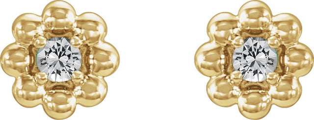 14K Gold Round Natural White Sapphire Petite Flower Earrings - Yellow Gold - view 2