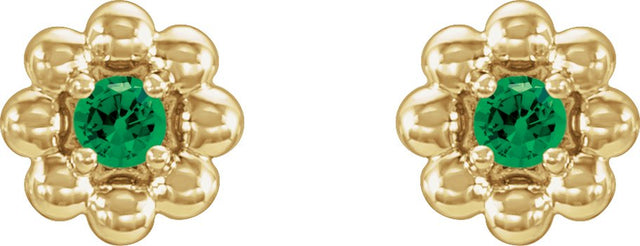 14K Gold Round Natural Tsavorite Garnet Petite Flower Earrings - Yellow Gold - view 2