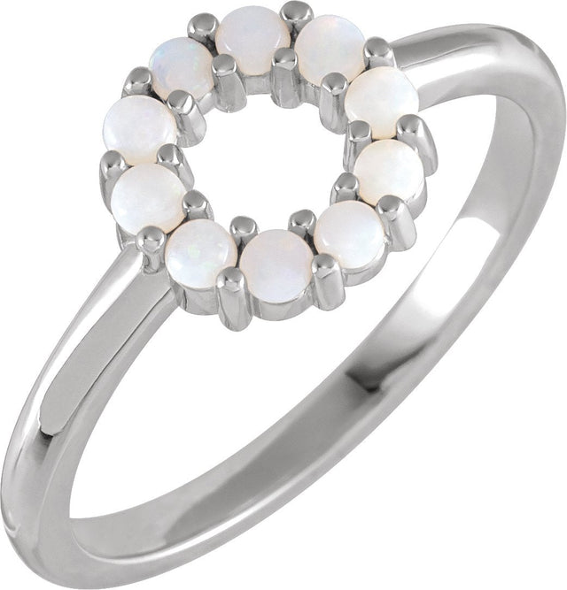 14K Gold Round Natural White Opal Cabochon Halo-Style Ring - White Gold