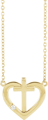 14K Gold Round Natural Diamond Heart & Cross Necklace – up to 0.0025 CTW - Yellow Gold
