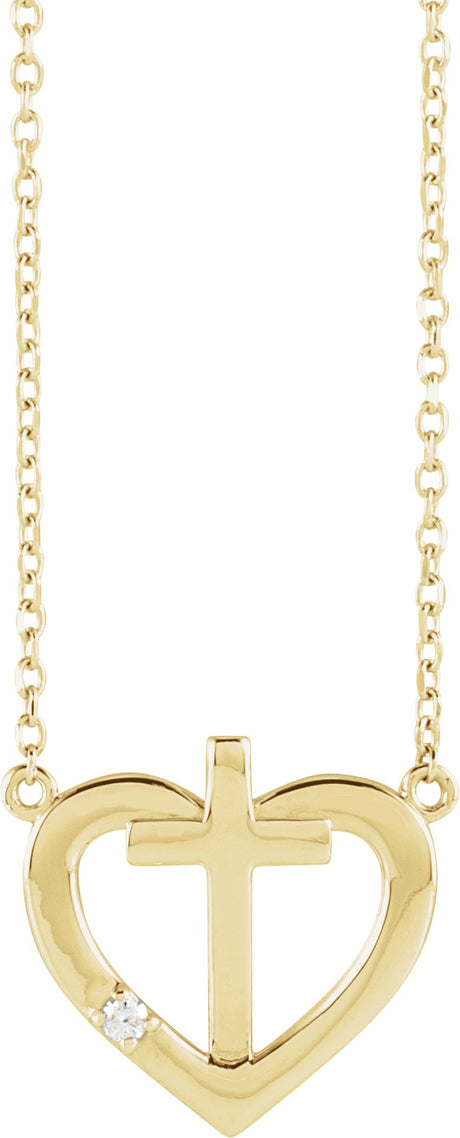 14K Gold Round Natural Diamond Heart & Cross Necklace – up to 0.0025 CTW - Yellow Gold