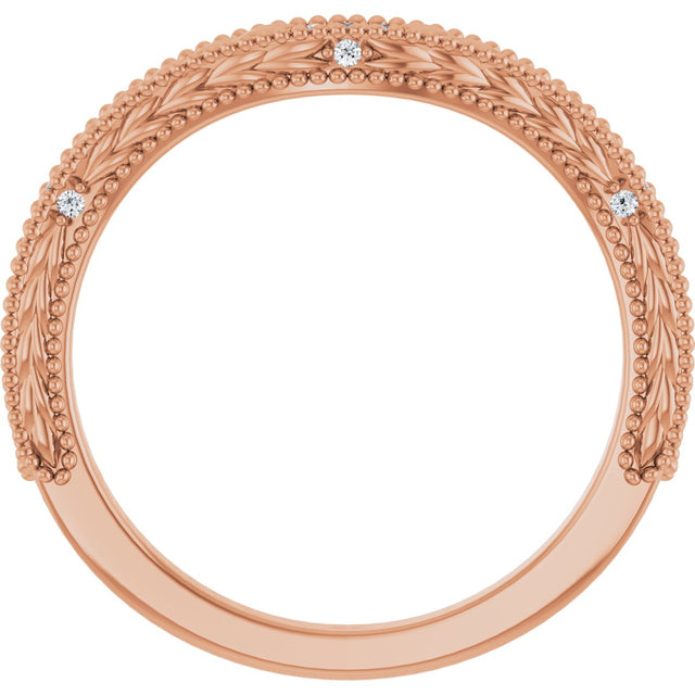 14K Gold Round Natural Diamond Beaded Wheat Pattern Contour Band - Rose Gold - view 2