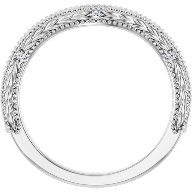 14K Gold Round Natural Diamond Beaded Wheat Pattern Contour Band - White Gold - view 2